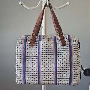 Fossil White and Brown Spring Satchel with Blue and Pink Stripes
